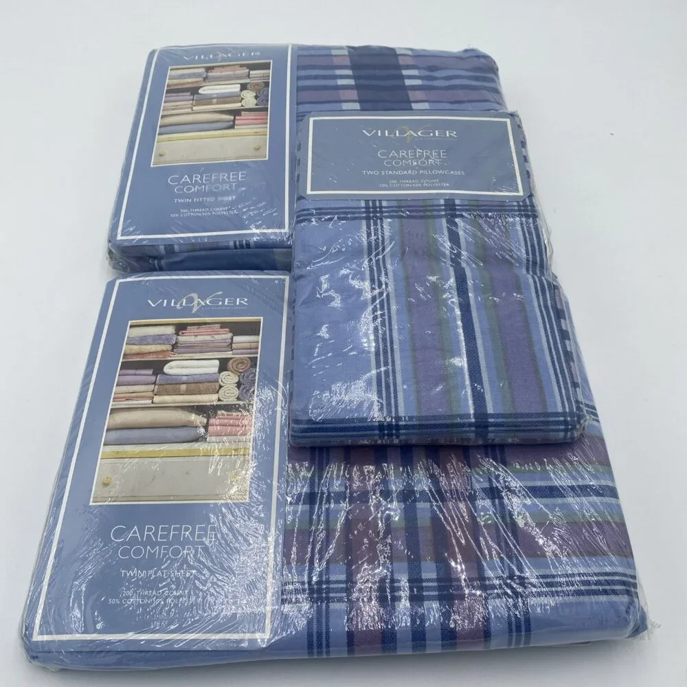 NEW Vintage Liz Claiborne Villager Twin Sheet Set Blue Plaid 3 Pcs NOS Made USA
